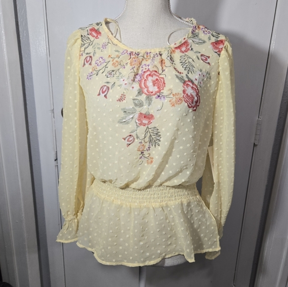 Meraki Blouse Size M Floral Print Sheer Smock Waist Puff Sleeve Yellow Boho - Picture 2 of 11